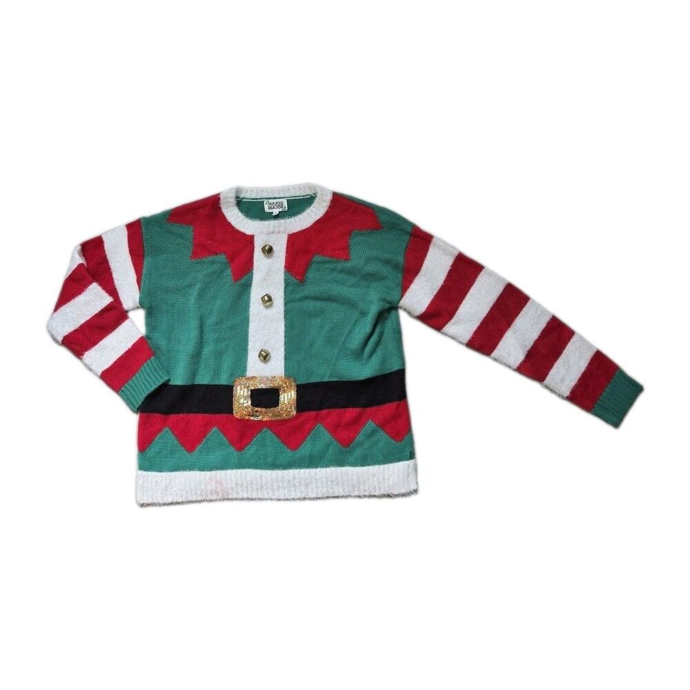 Major Major Christmas Elf Ugly Sweater Green Red Striped Sequin Belt Womens M